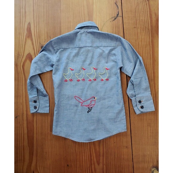 1970s Levis Orange Tab Shirt Boy's 5 Chambray Embroidered Vintage Plane Animals - Picture 1 of 10